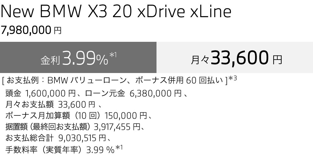 New BMW X3 20 xDrive xLine お支払い例