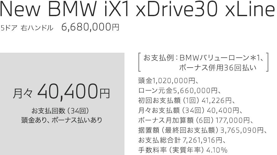 New BMW iX1 xDrive30 xLine　お支払い例